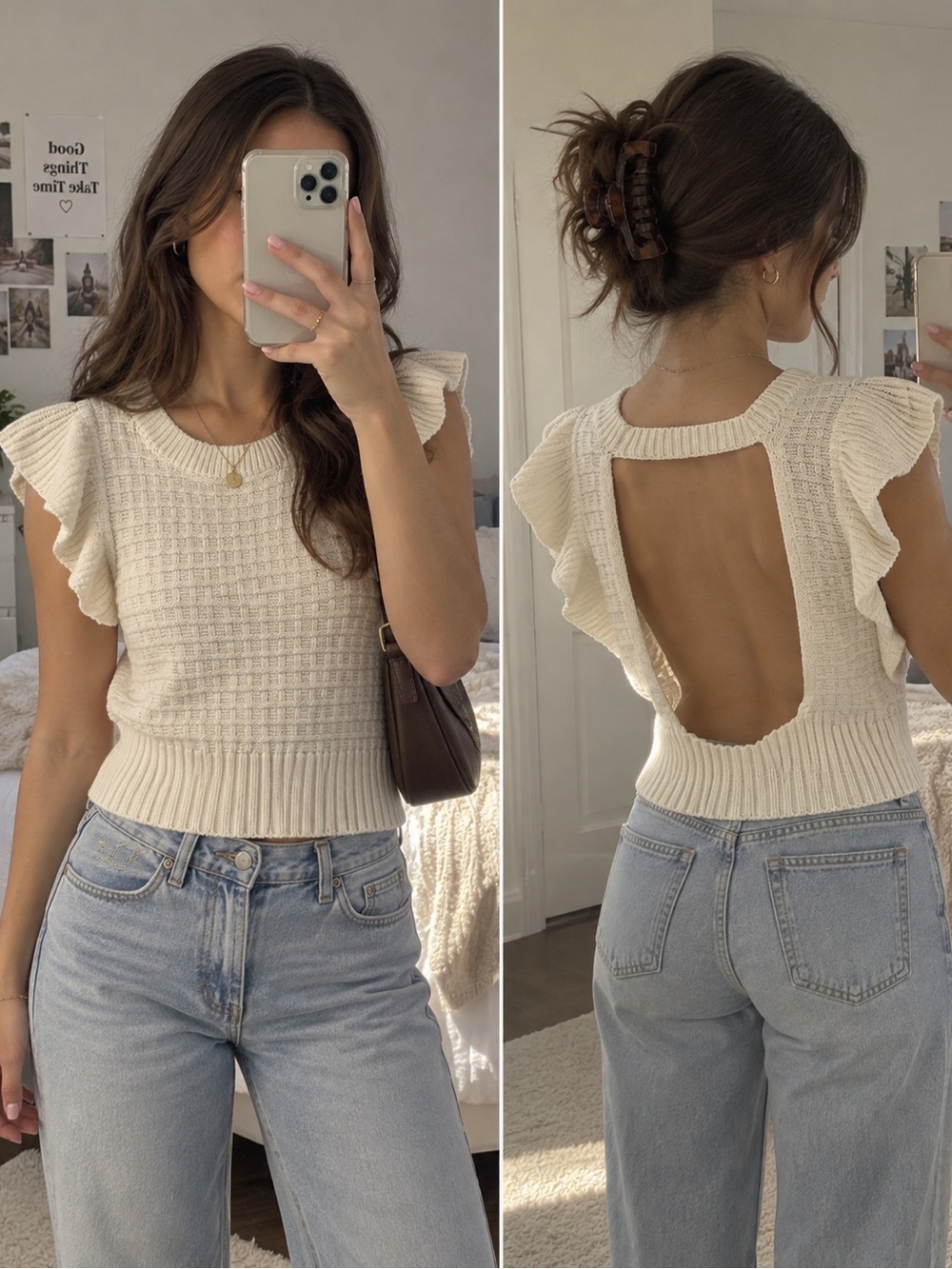 Lumiere Cream Knit Ruffle Sleeve Open-Back Tank